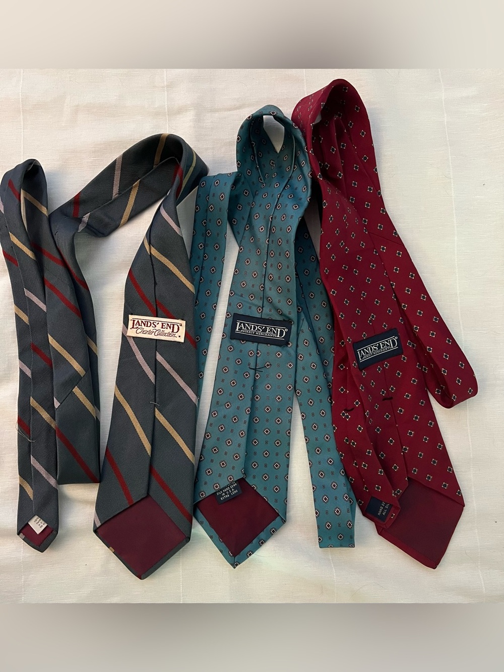 Lands End Silk Tie Lot Blue Red Medallion Stripes Handsewn Preppy Academia VTG